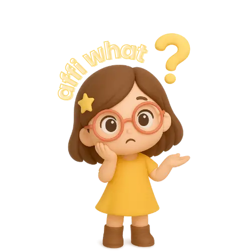 3D pastel chibi girl with peach round glasses and star hair clip, tilting her head with a raised palm and a glowing question mark above—curious expression. with the word Affi What on the top of the head to represent asking "what is Affiliate marketing?"