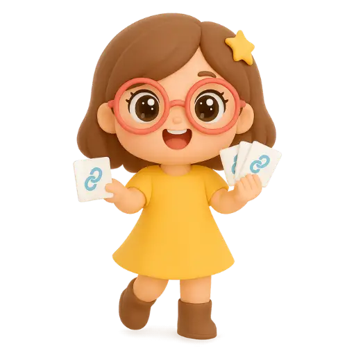 3D pastel chibi girl with peach glasses handing out link-logo cards, expressive eyes and yellow dress—affiliate marketing theme.