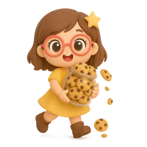 3D pastel chibi girl with peach round glasses, star hair clip, yellow dress and brown boots holding an overflowing jar of chocolate-chip cookies.