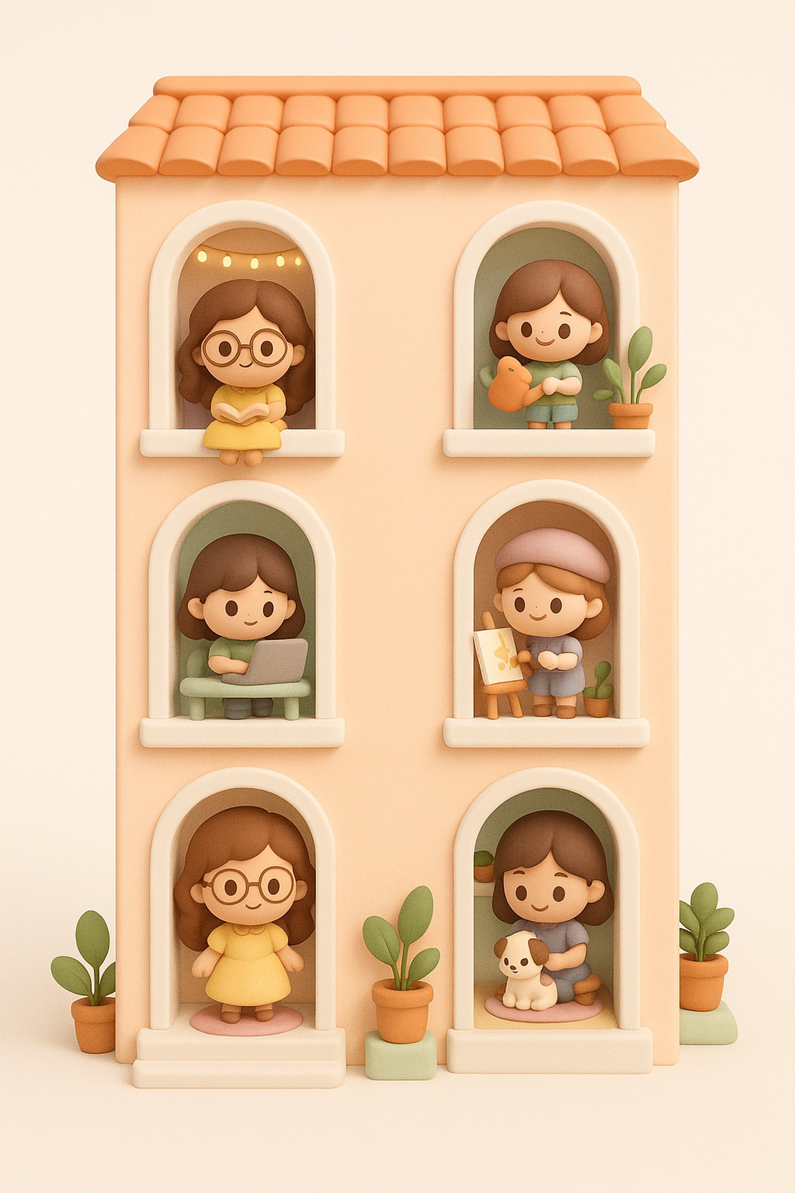 3D pastel chibi apartment building with six arched windows and cute residents reading, painting, watering plants, working on a laptop, and cuddling a puppy.