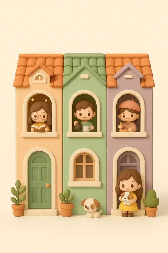 3D pastel chibi townhouses in peach, mint, and lavender with arched windows, terracotta roofs, and cute residents reading, brewing coffee, painting, and holding a puppy.