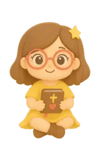 Chubby 3D pastel chibi girl with peach round glasses and star hair clip in a yellow dress, holding a cute brown Bible and wearing brown ankle boots.